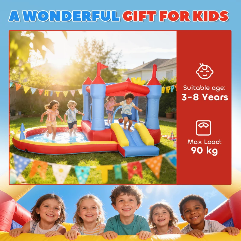 AIYAPLAY Dmuchana zjeżdżalnia z dmuchawą, trampoliną, basenem i pistoletem wodnym, 342 x 255 x 209 cm, niebieska