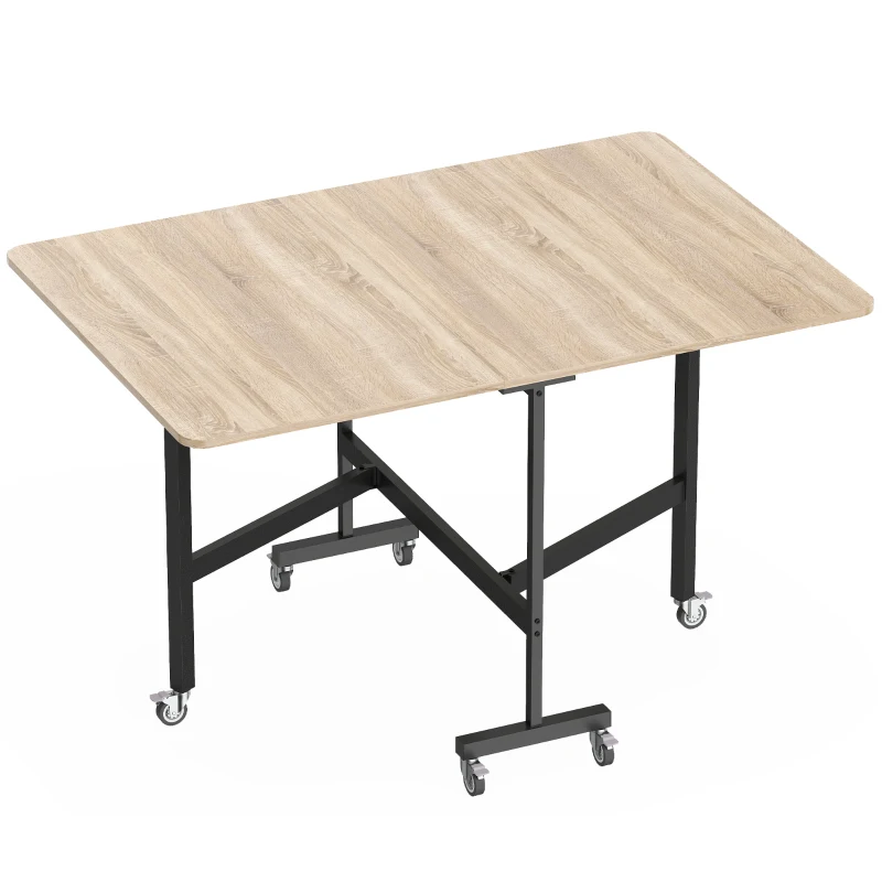 HOMCOM Table pliante pour 4-6 personnes avec 2 rabats et roulettes avec frein, 120x80x73 cm, Chêne