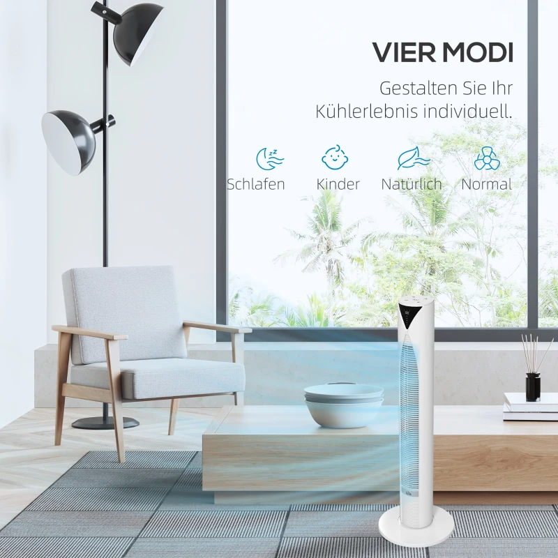 HOMCOM 70° oszillierender Turmventilator mit Fernbedienung 4 Modi 3 Geschwindigkeiten Timer 31,5 x 31,5 x 96 cm Weiß