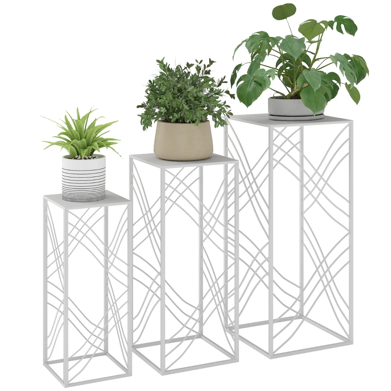 Outsunny Lot de 3 supports pour plantes, 50/60/70 cm de haut, étagère à fleurs empilable en métal Blanc