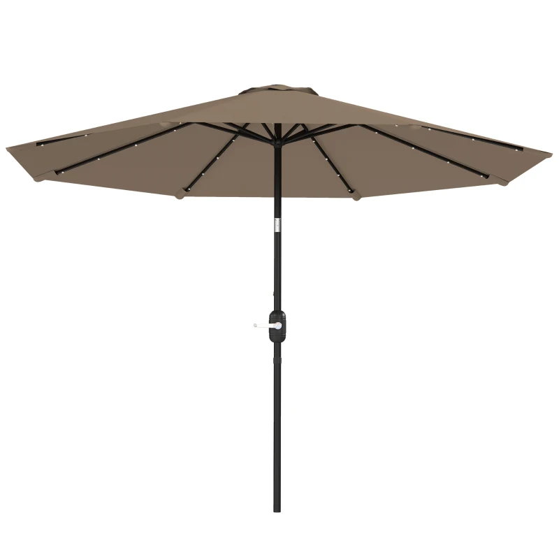 Umbrelă de grădină Ø265 cm cu 32 LED-uri solare, manivelă și tijă din oțel pentru patio terasă Outsunny, kaki