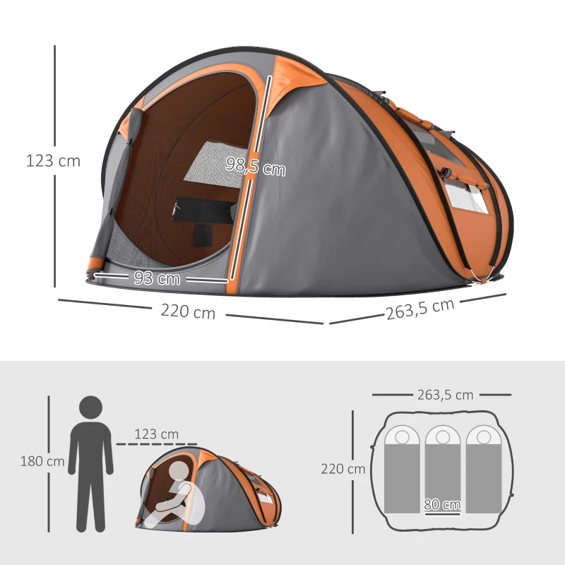 Outsunny Tente de Camping Pop-Up 2 Places avec 2 Portes, 4 Fenêtres et Tissu Imperméable, 263.5x220x123 cm, Orange