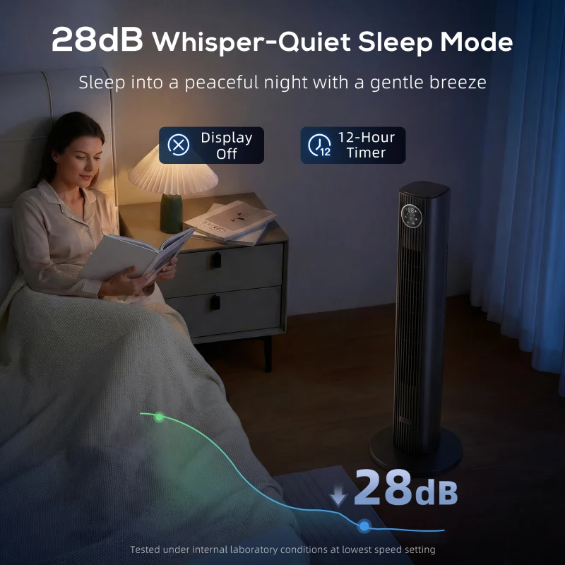 HOMCOM 28dB Tower Fan for Bedroom, 26 ft/s Velocity Standing Cooling Fan with 80° Oscillating, 12 Speeds, LED Display, 4 Modes, 12H Timer, Remote Control, 36 inch, Black