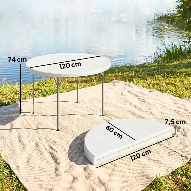 Outsunny Table pliante de camping 120x120x74 cm Table pliante portable avec plateau en HDPE Patins antidérapants Blanc