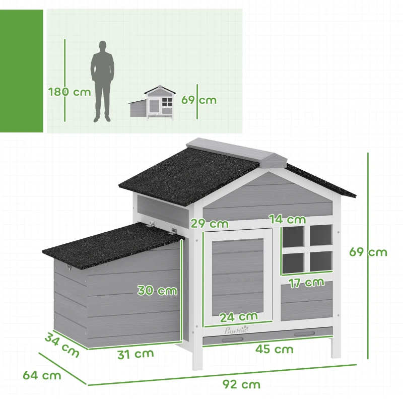 PawHut Coteț din lemn, acoperiș din asfalt și cuibar adăpost pentru 4 găini cu fereastră din acril 92 x 64 x 69 cm gri