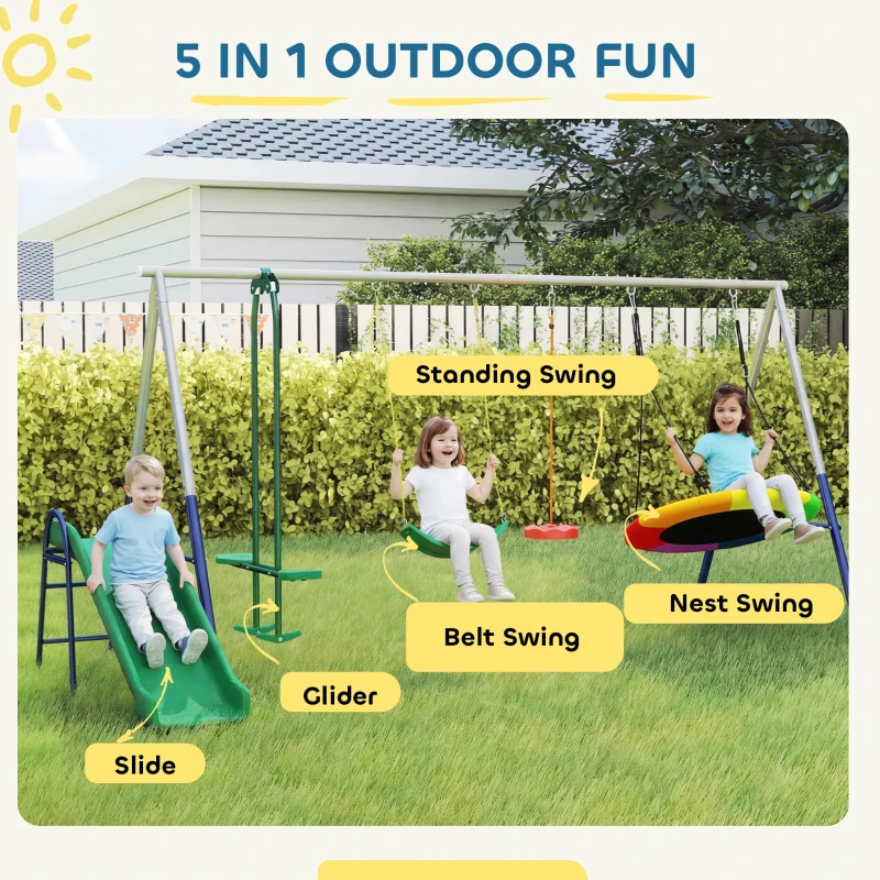 AIYAPLAY 5 in 1 Schaukelgestell mit Rutsche höhenverstellbar Schaukelgerüst mit Nestschaukel 382x196 x203 cm Mehrfarbig