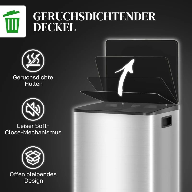 HOMCOM Mülleimer mit 2x20L Fächern, Soft-Close-Deckel, Fingerabdrucksicher, Edelstahl, Silber