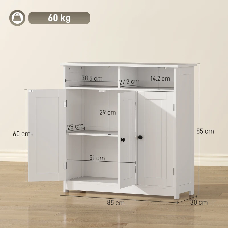 HOMCOM Armadio da Bagno Stretto con 3 Porte, 2 Scomparti Aperti e Ripiano Regolabile, 85x30x85 cm, Bianco