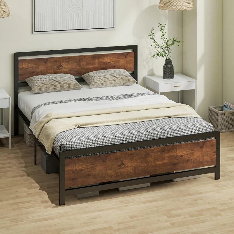 HOMCOM Struttura letto matrimoniale in acciaio con sommier e testiera compatibile, 208x167x103 cm, Marrone rustico