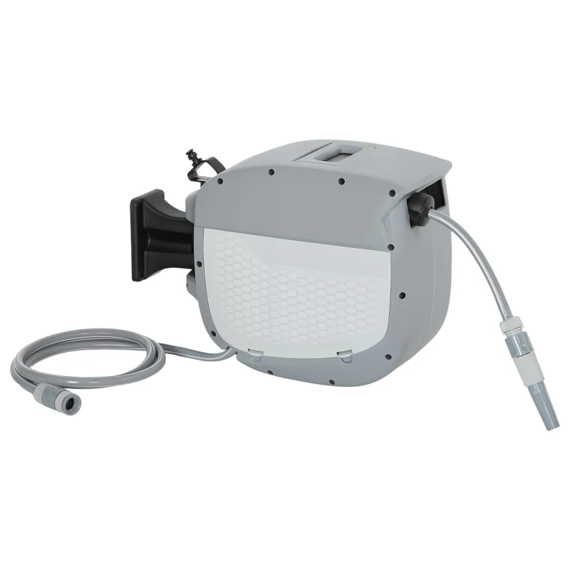 Outsunny Dévidoir de tuyau rétractable 20+1,9 m avec buse 2 modes verrouillage automatique et rétraction contrôlée support Gris