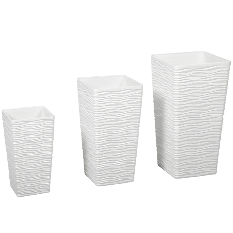 Outsunny Set 3 Pots d'Extérieur Empilables à Motif Ondulé en Plastique, 42/55/65 cm, Blanc