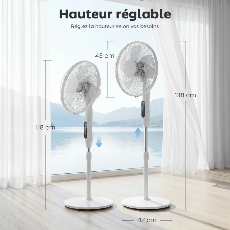 HOMCOM Ventilateur sur pied contrôlé par APP, ventilateur 45 cm avec télécommande, 3 vitesses, 3 modes, hauteur réglable, blanc