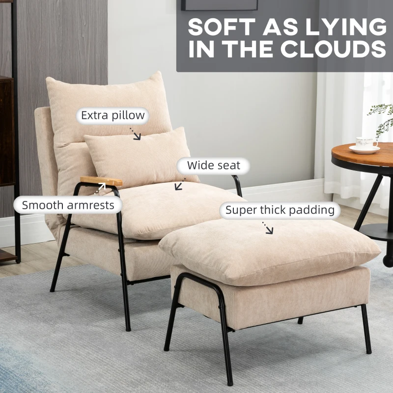 HOMCOM Fotel tapicerowany z podnóżkiem, fotel relaksacyjny z funkcją leżanki, fotel tapicerowany, poduszki, fotel telewizyjny, 68 x 91,5 x 88 cm, kolor beżowy