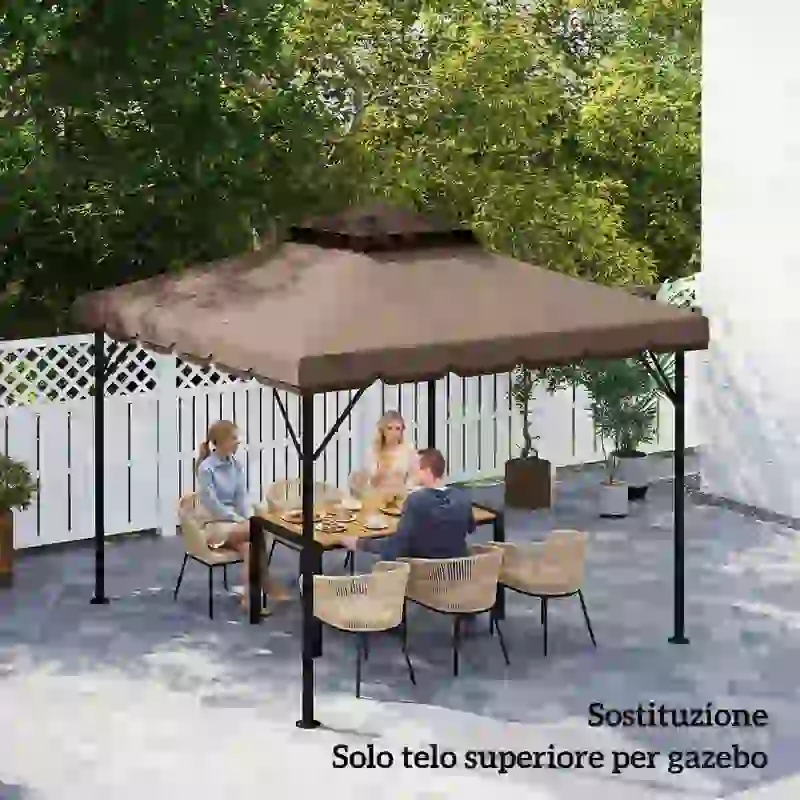 Outsunny Copertura per Gazebo 3x3 m a 2 Livelli con 8 Fori di Drenaggio, in Poliestere Cachi e Marrone