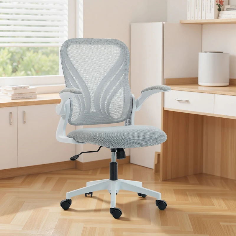 HOMCOM Sedia da ufficio con schienale ribaltabile e braccioli richiudibili, poltrona ergonomica in rete, 73x62x101-111cm, grigio chiaro