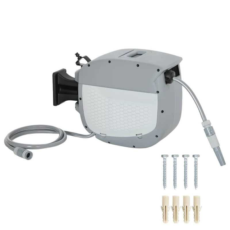 Outsunny Dévidoir de tuyau rétractable 20+1,9 m avec buse 2 modes verrouillage automatique et rétraction contrôlée support Gris