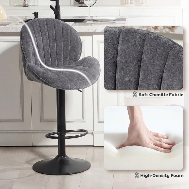 HOMCOM Bar Stools Set of 2, Swivel Barstools with Back, Adjustable Height and Footrest for Kitchen Island, Dining Room, Grey