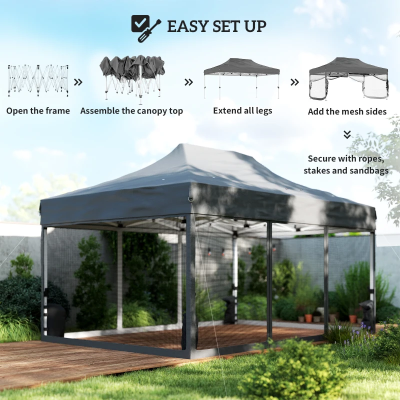 Outsunny 3 x 4.5 m Pop Up Gazebo with Mesh Nettings, UPF50+ Heavy Duty Outdoor Garden Party Tent Marquee, Dark Grey