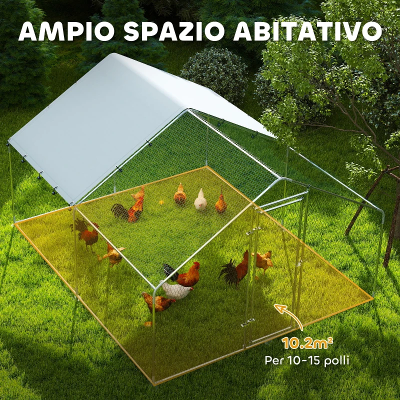 PawHut Recinto per Galline da 10.2m² per 10-15 Galline con Tetto Impermeabile, in Acciaio e Tessuto, 3x3.4x1.9 m, Argento