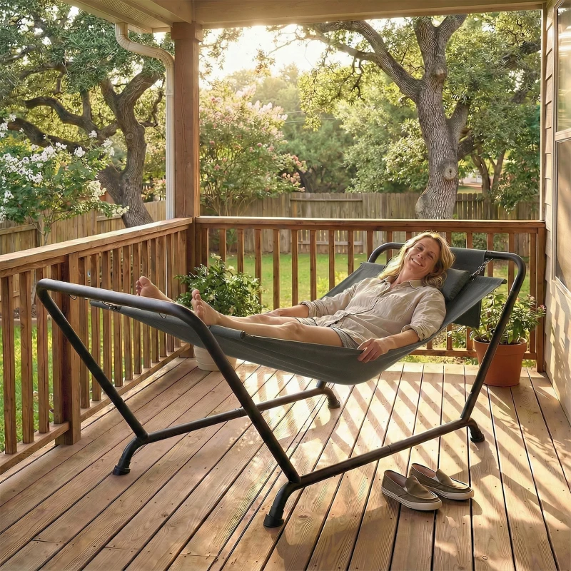 Outsunny Hamac avec support 237 x 90 cm Hamac à barre avec poche latérale, appui-tête Cadre métallique jusqu'à 150 kg