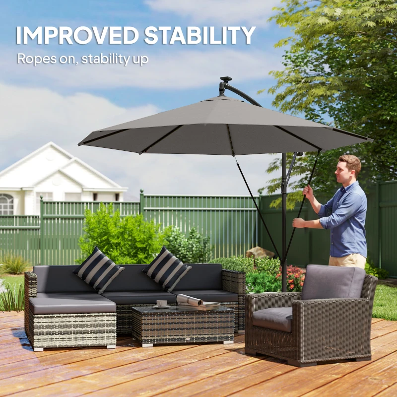 Outsunny 3 m Cantilever Parasol with Solar LED Lights Garden Umbrella with Cross Base, Light Grey