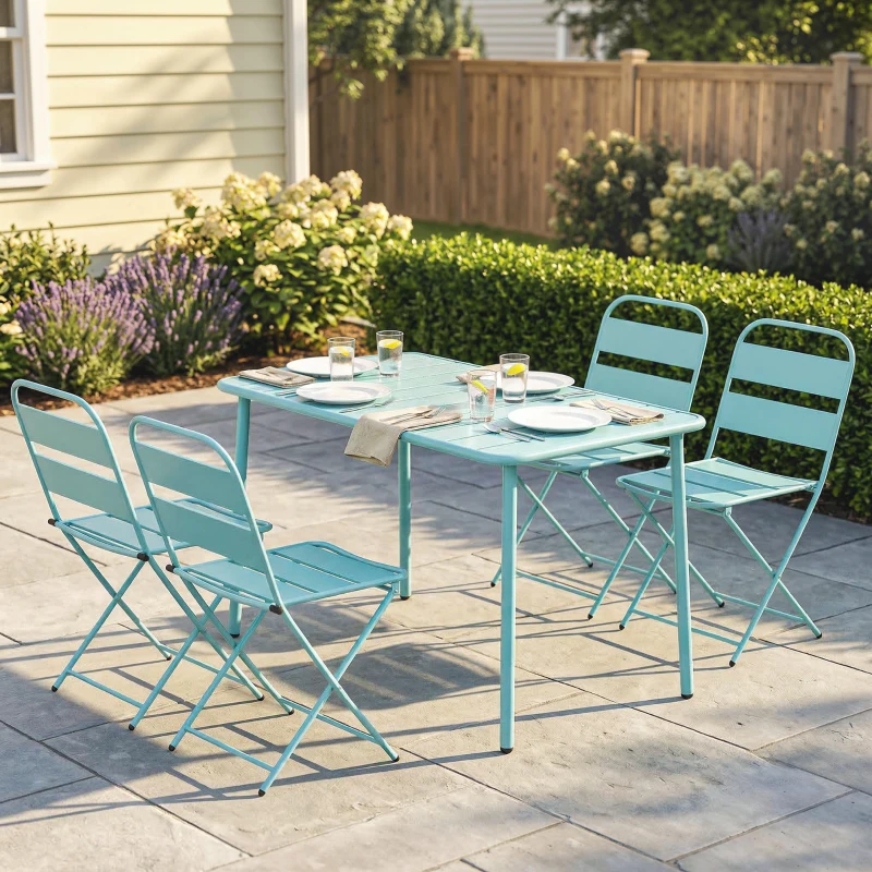 Outsunny Set de masă pentru exterior 5 piese, set de grădină pentru 4 persoane cu blat cu șipci și scaune pliante, Verde deschis