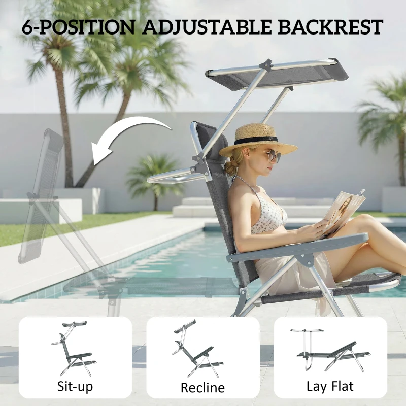 Outsunny Inklapbare ligstoel tuinligstoel met hoofdkussen en verstelbaar zonnedak 6-voudig verstelbare rugleuning 62 x 68 x 79 cm Donkergrijs