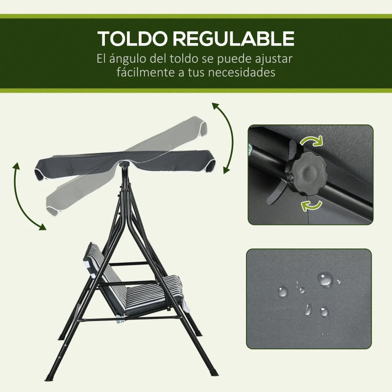 Outsunny Balancín de Jardín Exterior Columpio de 3 Plazas con Toldo Ajustable y Marco de Acero 172x110x153 cm Gris y Blanco