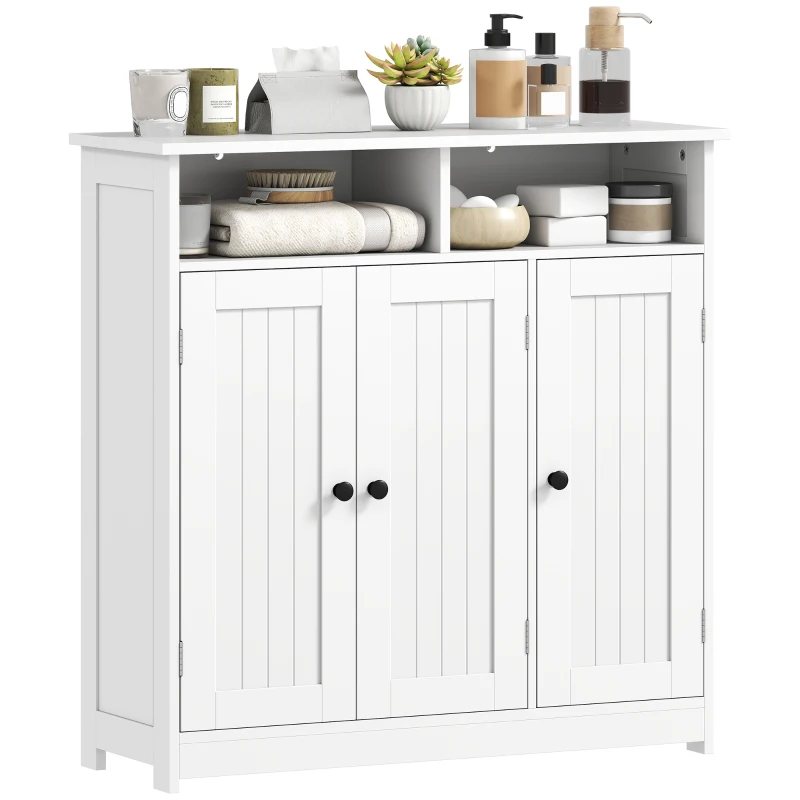 HOMCOM Armadio da Bagno Stretto con 3 Porte, 2 Scomparti Aperti e Ripiano Regolabile, 85x30x85 cm, Bianco