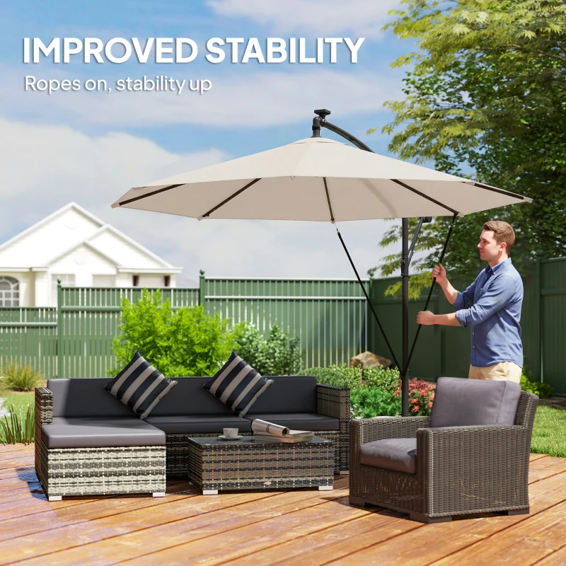 Outsunny 3 m Cantilever Parasol with Solar LED Lights Garden Umbrella with Cross Base, Cream White