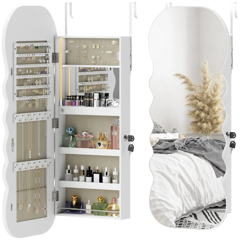 HOMCOM Espelho-Joalheiro com Luz LED Montado na Parede ou na Porta com Fechadura, Espelho de Corpo Inteiro Branco