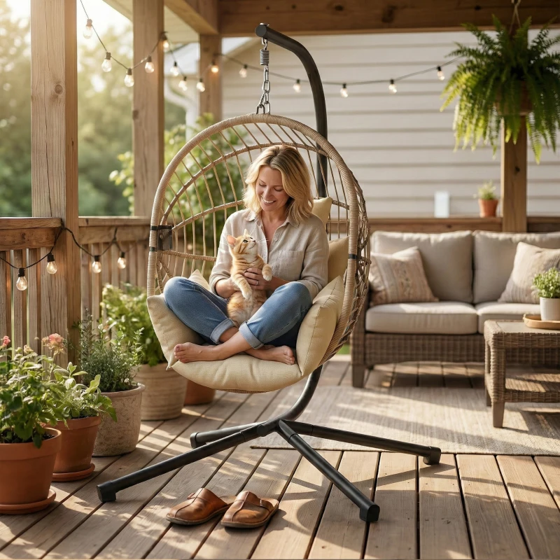 Outsunny Sillón Huevo Colgante, Silla Hamaca Balancín Interior y Exterior, Cesta Plegable, Cojín Acolchado, Caqui