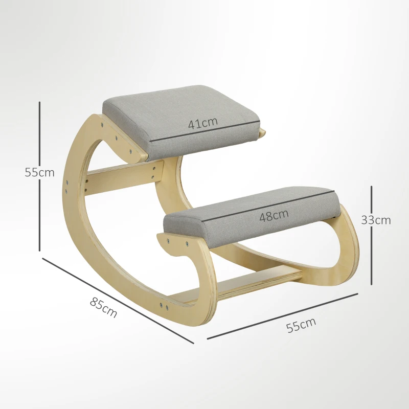 HOMCOM Silla ergonómica con apoyo para rodillas y reclinable, en tejido efecto lino y madera, 55x85x55 cm, Gris claro
