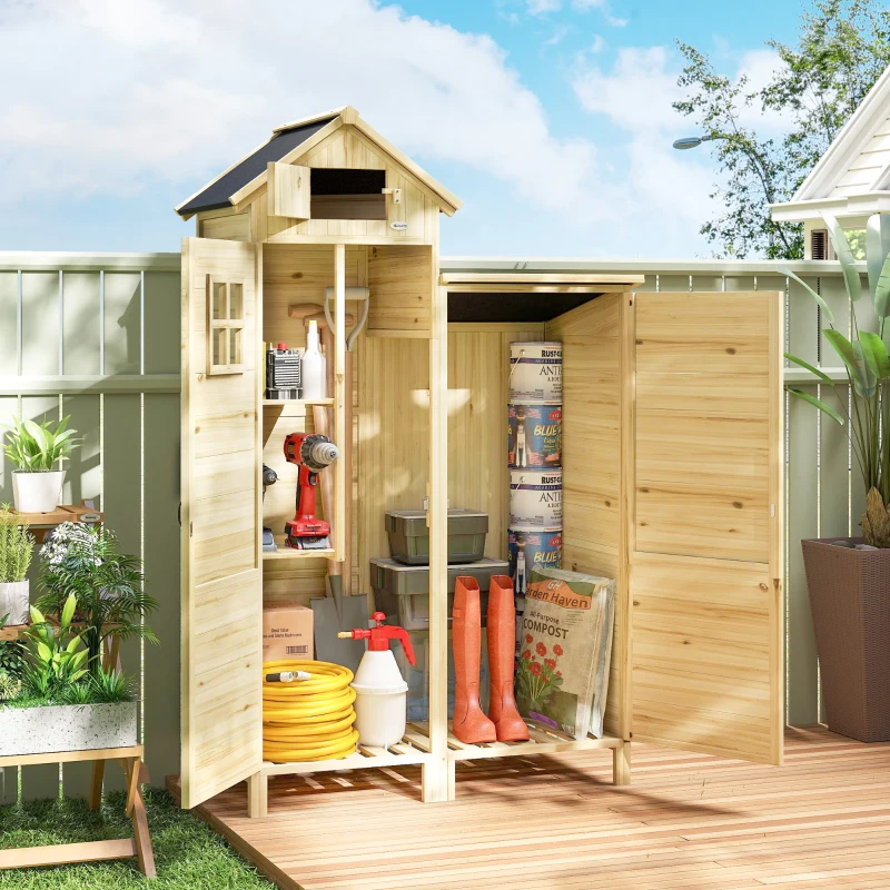 Outsunny Caseta de Jardín de Madera Armario para Herramientas con Estantes Desmontables y Puertas 106x57x167 cm Madera Natural