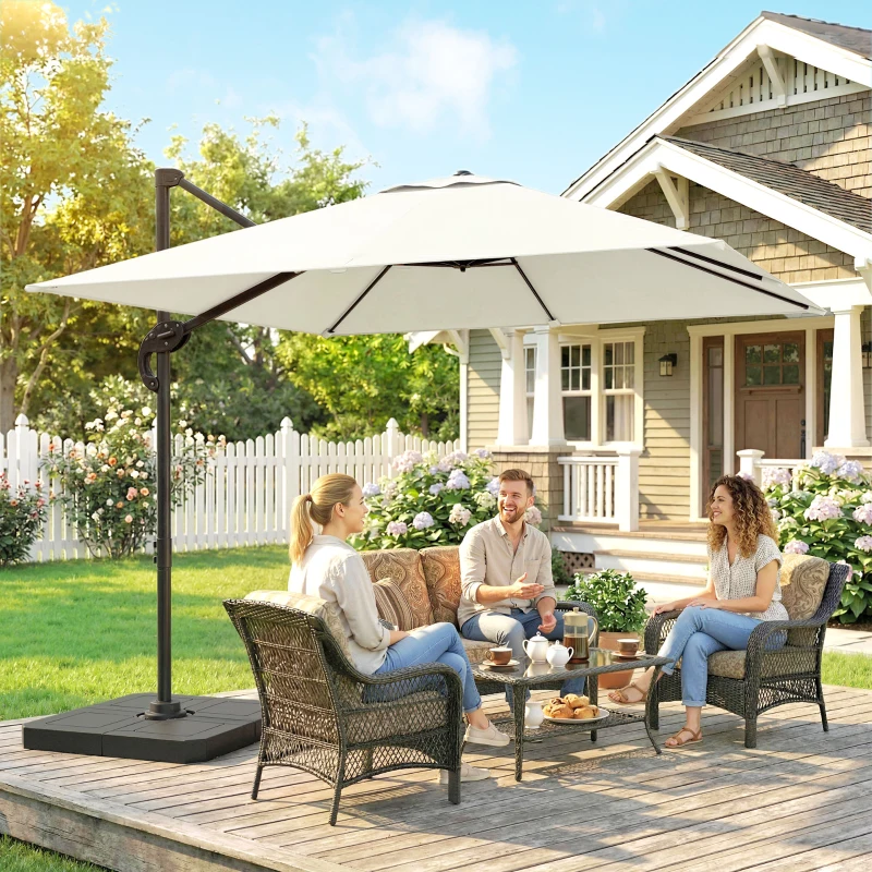 Outsunny 2.4 x 2.4m Cantilever Parasol with Umbrella Weights, UPF50+ Offset Outdoor Umbrella w/ Easy Tilt Adjustment, Cream White