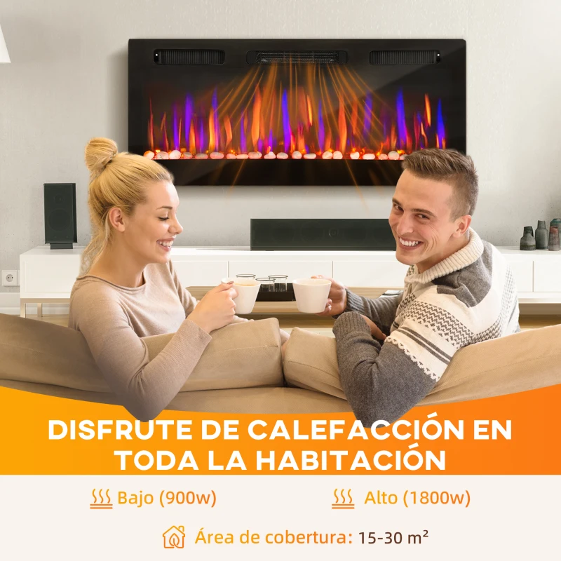 HOMCOM Chimenea Eléctrica Pared Empotrable Ultrafina con Llama 3D Brillo/Velocidad Ajustable y 12 Colores Guijarros 900/1800W