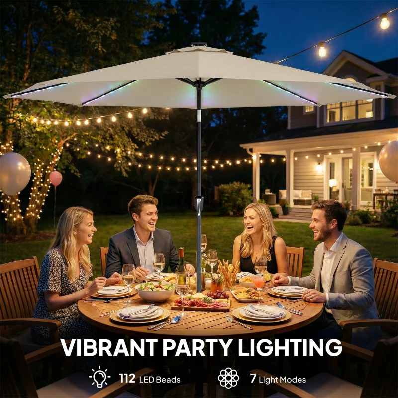 Outsunny 3 m Garden Parasol Umbrella with 112 Solar Powered LED Lights, Patio Umbrella with Crank Handle, Beige