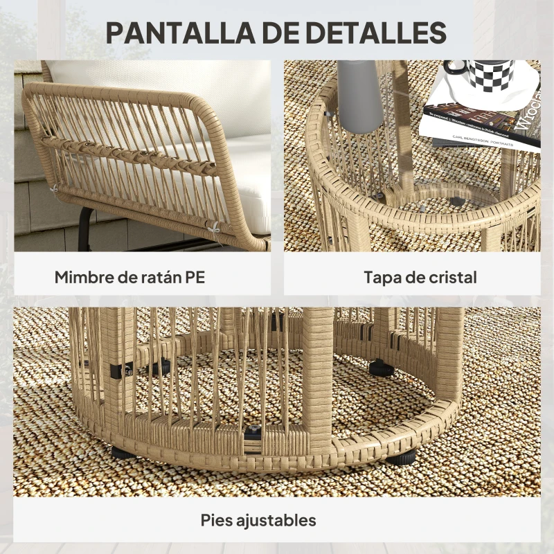 Outsunny Conjunto de Muebles de Jardín Exterior de Ratán con Sofá de 2 Plazas Chaise Longue Cojines y Mesa Auxiliar Crema