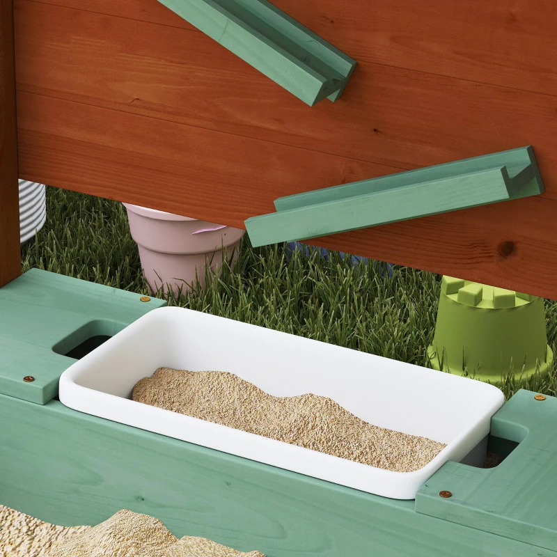 AIYAPLAY Wood Sandpit with Canopy, Storage Bins, Funnel, Liner, Chutes, Bucket with Tap, 116 x 112.5 x 128 cm, Green