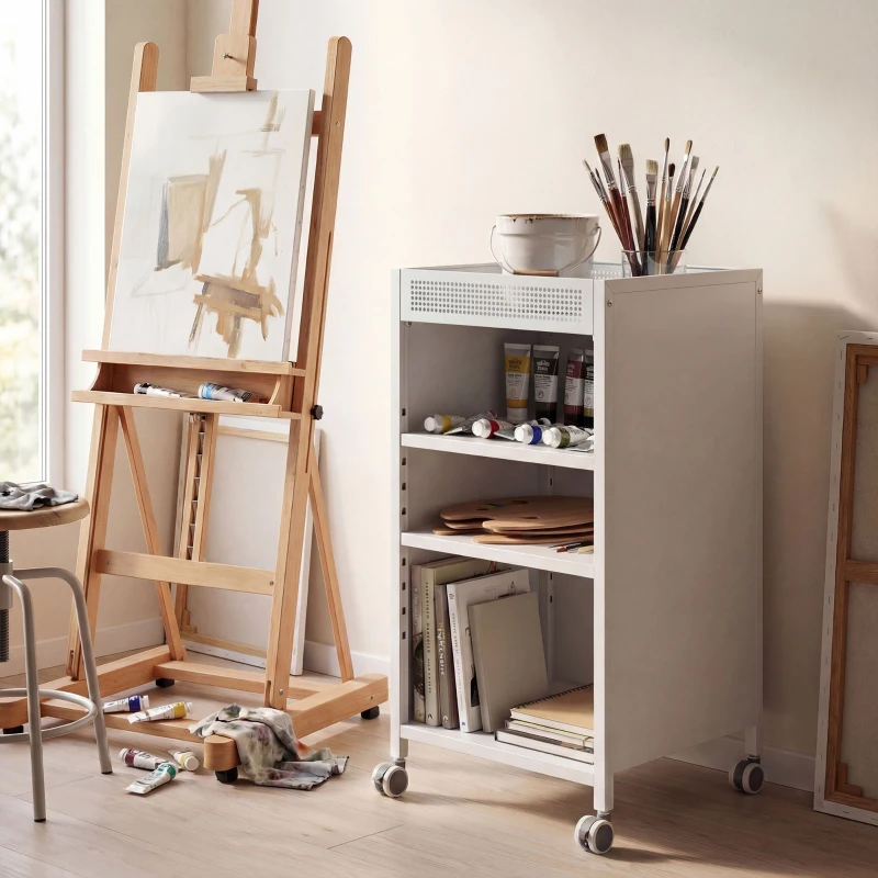 HOMCOM Étagère mobile avec étagères réglables, chariot 3 niveaux avec panier supérieur, blanc