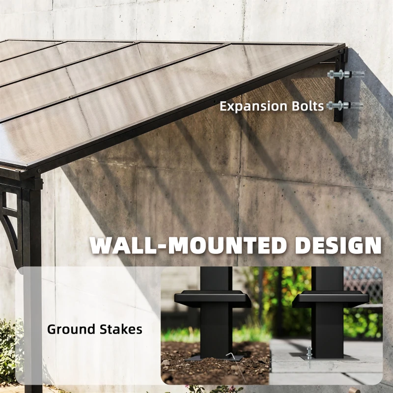 Outsunny 4 x 3 m Metal Lean-to Pergola, Wall-Mounted Garden Pergola with Polycarbonate Roof and Metal-Aluminium Frame, Heavy Duty Hardtop Gazebo for Outdoor Patios, BBQ, Brown