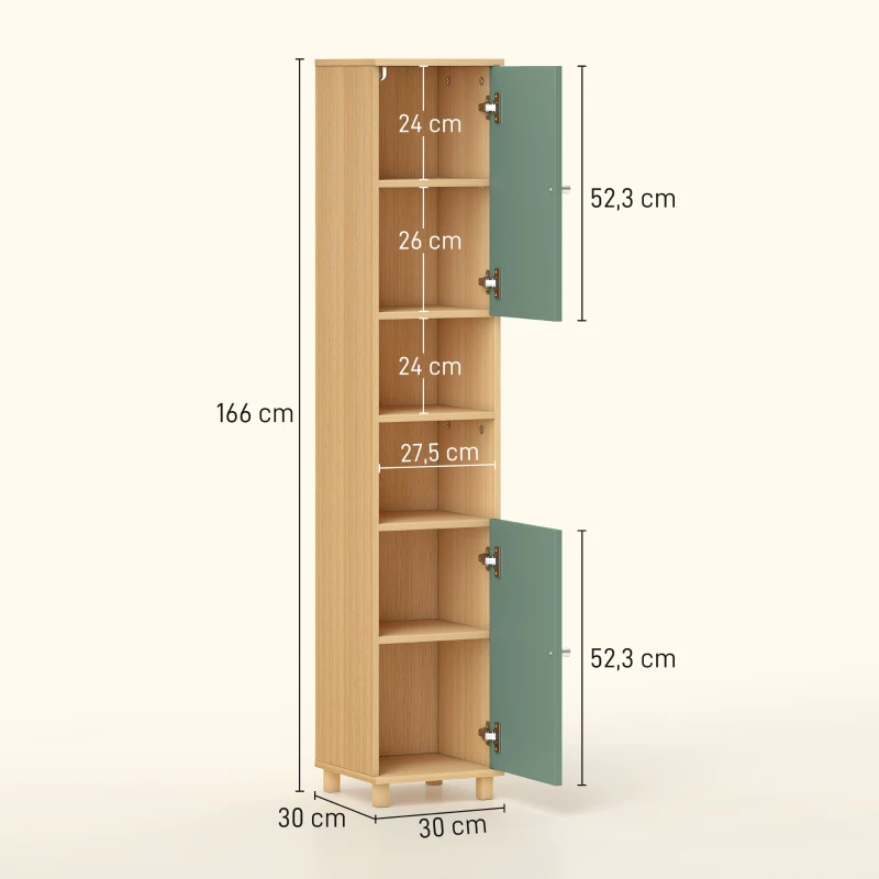 HOMCOM Mueble de baño mueble de almacenamiento 2 puertas 2 compartimentos abiertos estantes ajustables 30 x 30 x 166 cm, verde