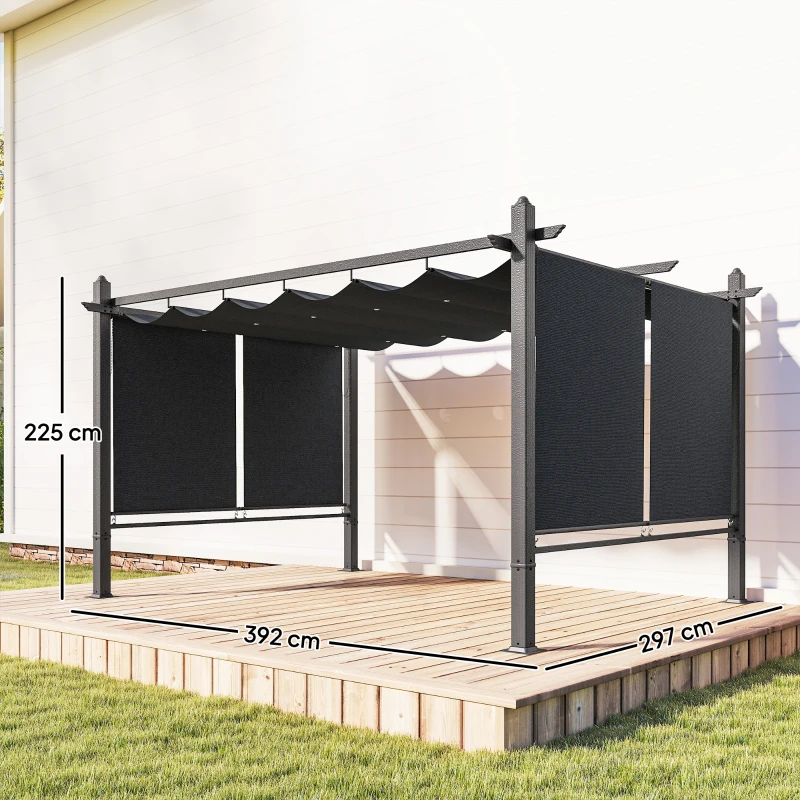 Outsunny 4 x 3 m Garden Pergola with Retractable Roof Canopy and Roll-Up Sides, Outdoor Gazebo Pergola Kit, Dark Grey