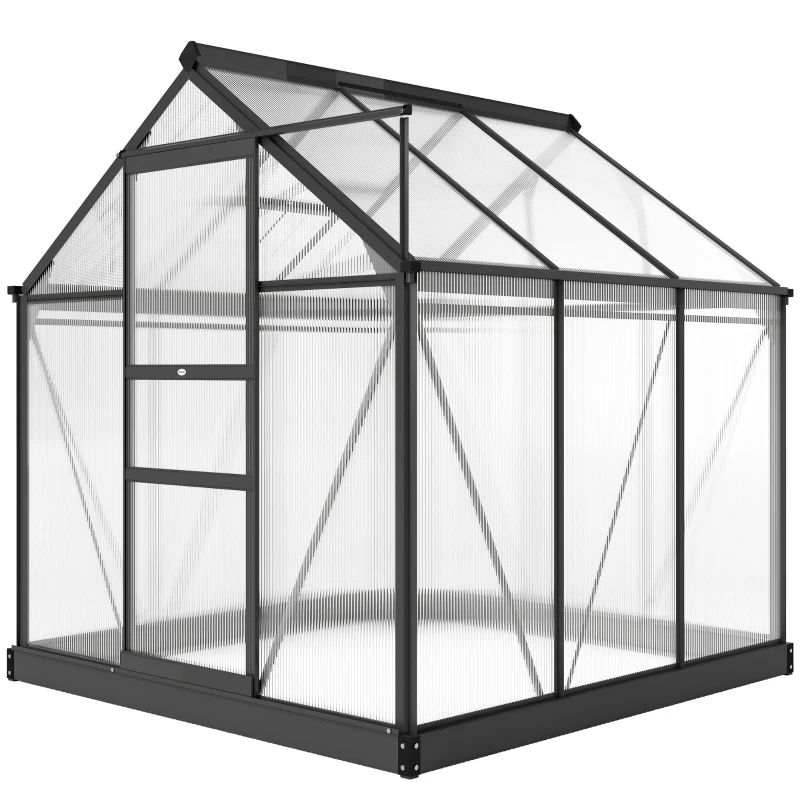 Outsunny 6 x 6ft Polycarbonate Greenhouse, Large Walk in Green House with Slide Door and Window, Garden Plants Grow House with Aluminium Frame and Foundation, Grey
