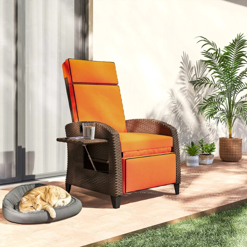 Outsunny Garden Recliner with Cushion, Outdoor Recliner Chair with Adjustable Backrest & Footrest, Side Tray, Orange