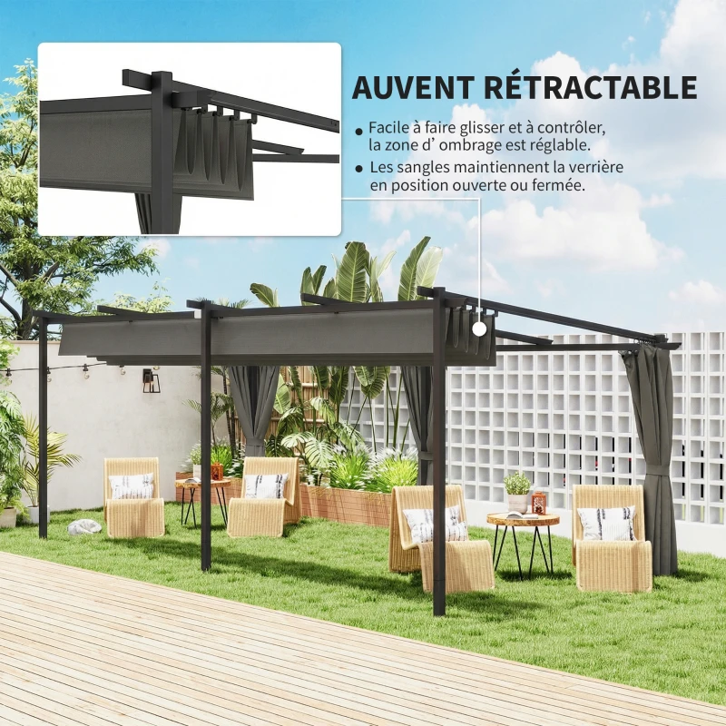 Outsunny Pergola rétractable avec rideaux latéraux, tonnelle de jardin en métal avec protection solaire UPF30+, gris foncé