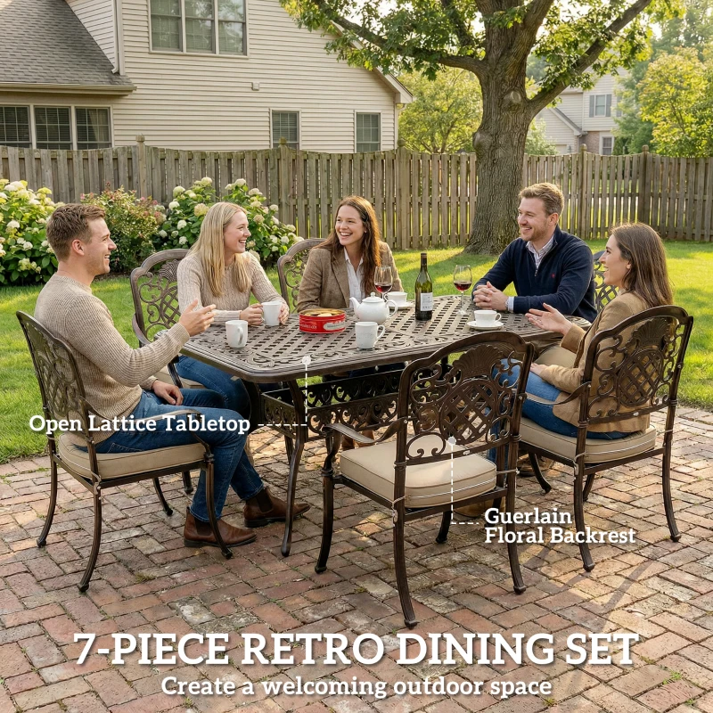 Outsunny Garden Dining Set for 6, Cast Aluminium Outdoor Table and Chairs Set with Cushions, Parasol Hole for Patio, Bronze Tone