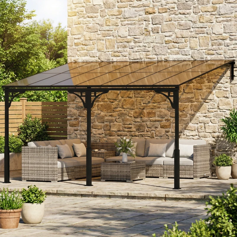 Outsunny 4 x 3 m Metal Lean-to Pergola, Wall-Mounted Garden Pergola with Polycarbonate Roof and Metal-Aluminium Frame, Heavy Duty Hardtop Gazebo for Outdoor Patios, BBQ, Brown