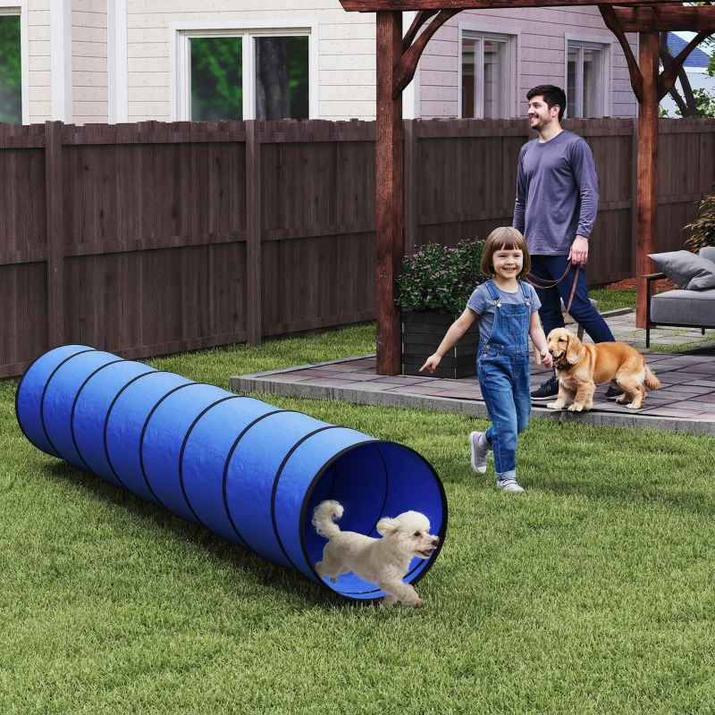 PawHut Tunnel d'agility pour chien 300 x 50 cm Tunnel pour chien avec 4 ancrages au sol Sac de transport Tunnel de jeu pour chiens petits et moyens Bleu