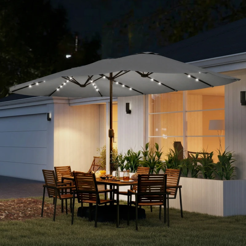 Outsunny Patio Umbrella Double-Sided Outdoor Umbrella with Solar Lights Base, Grey